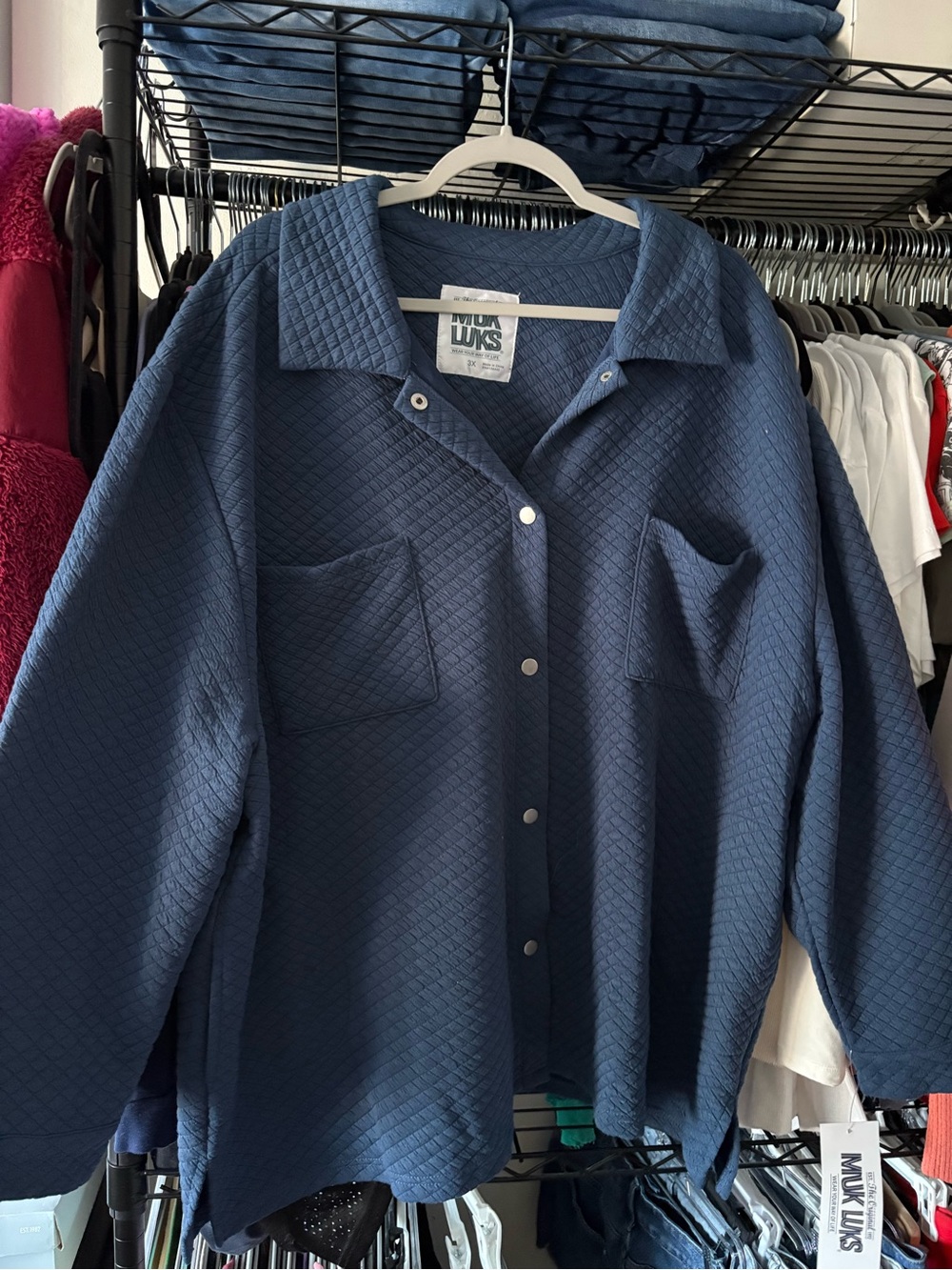 Muk Luks Women Navy Quilted Button-Down Shirt Pant Set